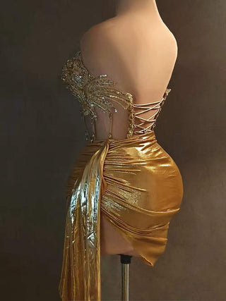 Ships in 1 to 3 Days - Glamorous Gold Embellished Strapless Draped Dress