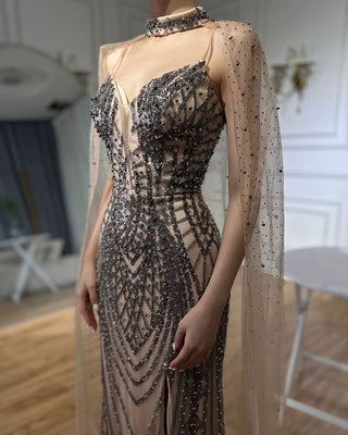 Black Nude Beaded Spaghetti Strap Evening Gown with Cape for Formal Occasion