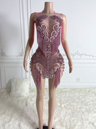 Glamorous Pink Beaded Fringe Mini Dress with Intricate Details