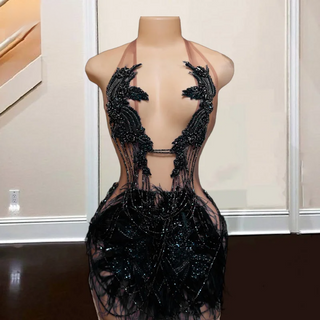 Enchanting Black Halter Mini Dress with Feather and Crystal Embellishments