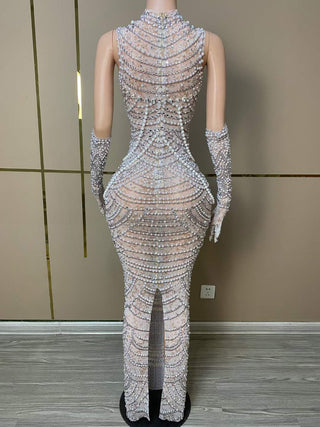 Exquisite Pearl-Embellished Sheer Bodycon Gown with Matching Gloves