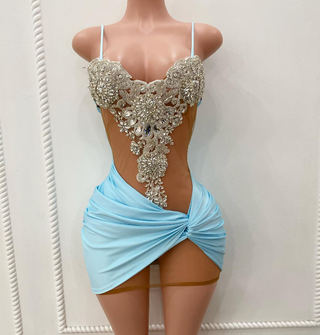 Exquisite Crystal-Embellished Bodice Mini Dress with Sheer Side Panels