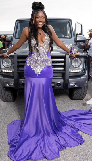 Glamorous Purple Sequin Mermaid Gown with Feathered Train