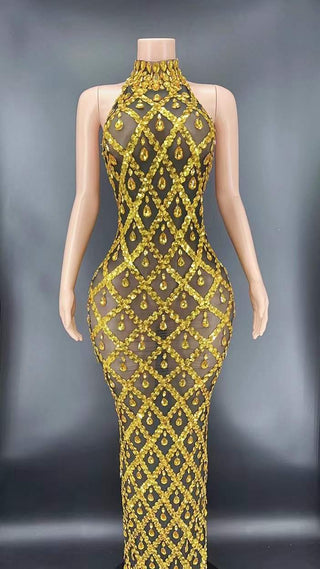 Ships in 1 to 3 Days - Silver Mirage Crystal Mesh Gown with High Neck