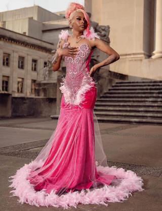 Opulent Feather & Rhinestone-Embellished Pink Mermaid Gown