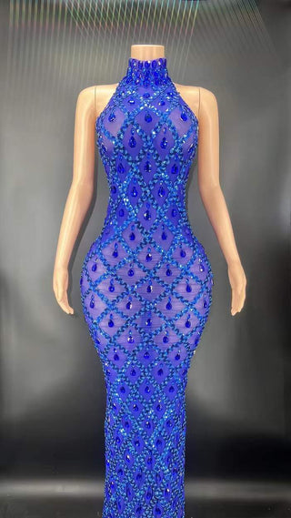 Ships in 1 to 3 Days - Silver Mirage Crystal Mesh Gown with High Neck