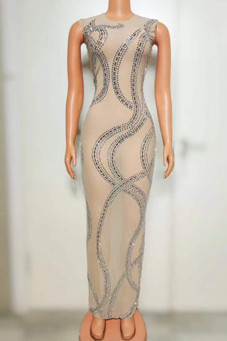 Exquisite Sheer Nude Rhinestone Evening Gown