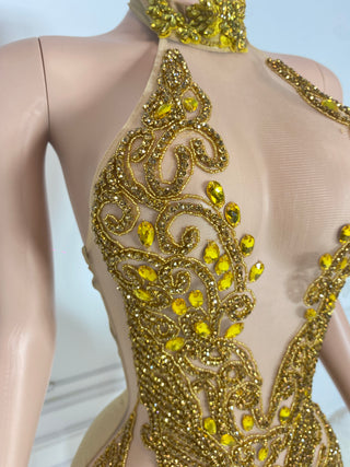 Luxurious Gold Sequin Mini Dress with Halter Neckline and Fringe Details