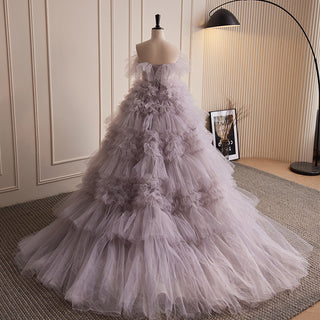 Ethereal Layered Tulle Ball Gown with Off-the-Shoulder Ruffle Detailing