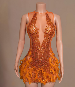 Vibrant Orange Beaded Mini Dress with Feather Accents and Sheer Panels