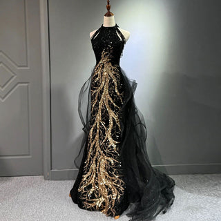 Black Gown with Gold Embroidery and Tulle Overlay