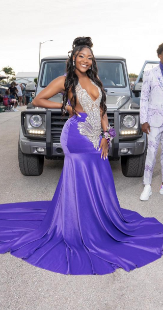 Glamorous Purple Sequin Mermaid Gown with Feathered Train