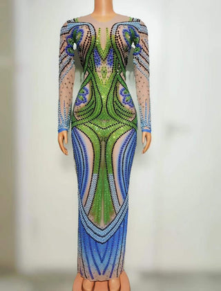 Luxurious Multicolor Rhinestone Mesh Gown with Long Sleeves