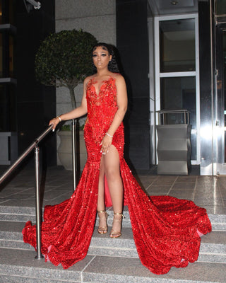 Stunning Red Sequin Gown with High Slit and Dramatic Train