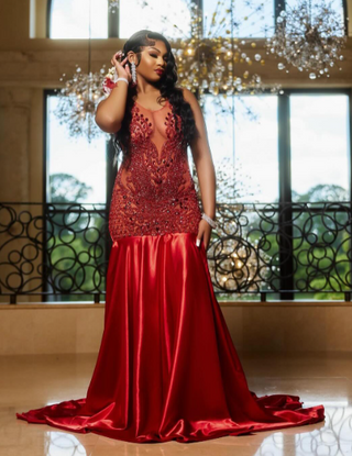 Stunning Orange Crystal-Embellished Mermaid Gown with Dramatic Train