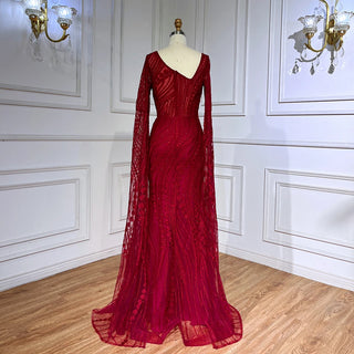 Ships in 1 to 3 Days - Arabic Wine Red Mermaid Evening Dress 2024 with Elegant Cape Sleeves, Beaded Luxury - Ideal for Women's Party