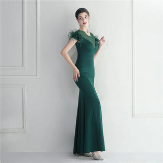 Elegant Feather Crystal Evening Dress with Sexy Slit - Floor-Length Party Maxi Celebrity Dress