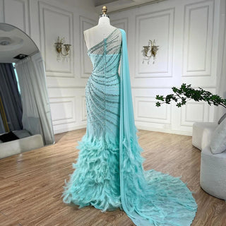 Ships in 1 to 3 Days - Mint Mermaid One-Shoulder With Overskirt Beaded Feathers Evening Dress - Gown for Women's Wedding Party