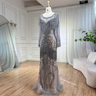 Arabic Grey Elegant Mermaid Beaded Tassel Luxury Dubai Long Evening Dress - Women's Party Gown 2024