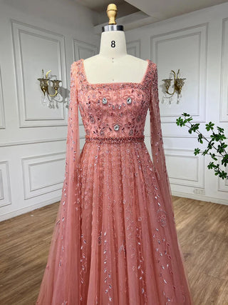 Pink Elegance: 2024 A-Line Dubai Evening Gown with Square Collar and Beading