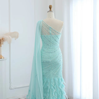 Luxury Feather Turquoise Aqua One Shoulder Mermaid Evening Dress with Cape Train Long Prom Wedding Party Gowns