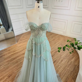 Ships in 1 to 3 Days - Arabic Sage Green A-Line Elegant Spaghetti Strap Luxury Beaded Evening Dress for Women Wedding Party 2024