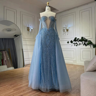 Blue Mermaid Evening Gown with Gloves and Detachable Overskirt – 2025 Custom Arabia Design