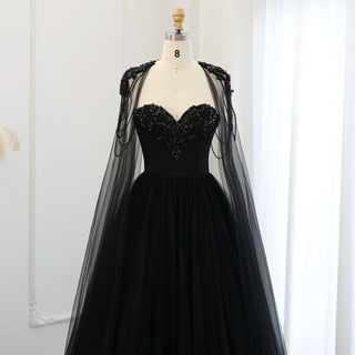 Gothic Black Tulle Arabic Evening Dress with Cape Sleeves Elegant Women 2024 Luxury Dubai Formal Party Gowns