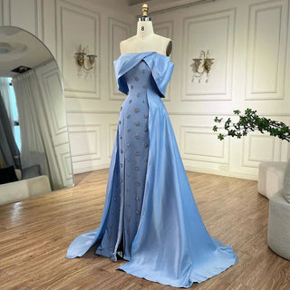 Ships in 1 to 3 Days - Blue Satin Elegant High Split Mermaid Evening Dress - Beaded Gown for Women's Party 2024