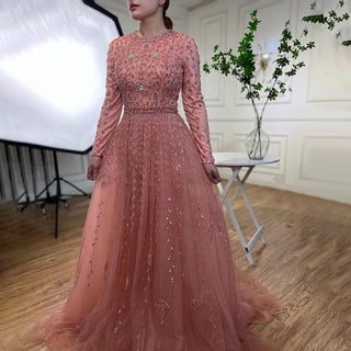 Muslim Pink A-Line Beaded Dubai Luxury Evening Gown for Women's Wedding Party Plus