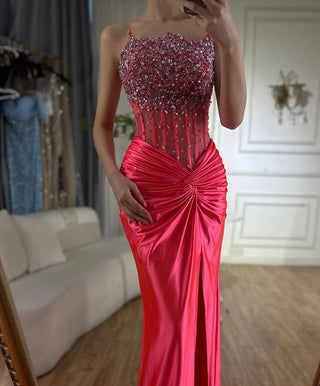 Ships in 2 to 5 Days -2025 Arabic Fuchsia Strapless Side Slit Beaded Mermaid Luxury Dubai Evening Gown for Women's Party