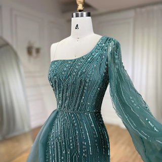 Arabic Blue Mermaid Evening Gown with Beaded Overskirt - Luxury Dress for Women's Wedding Party 2024