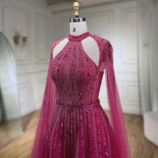 Arabic Fuchsia A-Line Cap Sleeve Beaded Luxury Dubai Evening Dress - Gown for Women's Wedding Party 2024