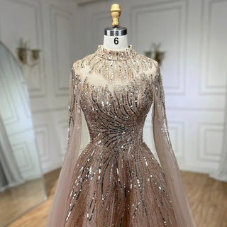 Ships in 1 to 3 Days - Caramel Dream: 2024 Luxury Evening Dress with Cape Sleeves - A-Line Beaded Lace Gown for Women's Wedding Party