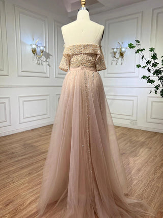 Nude Mermaid Elegant With Overskirt Off Shoulder Beaded Split Evening Dresses Gowns For Woman Party 2024