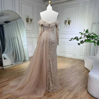 Ships in 1 to 3 Days - Arabia Nude Mermaid Boat Neck Evening Dress with Overskirt - Luxurious Attire for Women's Wedding Party 2024