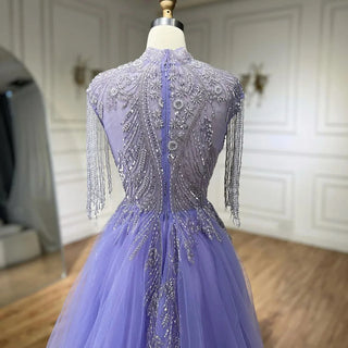 Ships in 1 to 3 Days - 2024 Arabic Lilac Elegant A-Line Beaded Tassel Luxury Dubai Evening Dresses Gowns for Woman Wedding Party