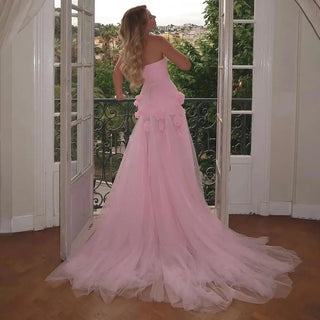 Ships in 1 to 3 Days - Mermaid Evening Dress for Girls: Arabic Pink 3D Flowers Elegant Strapless Dress with Side Slit Prom Party Gowns