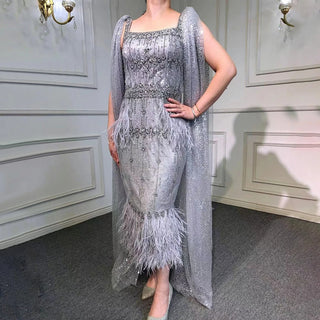 Grey Mermaid Midi Length Evening Dress - Beaded Feather Rear Leg Split, 2024, for Women's Party