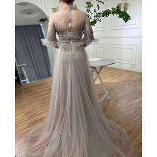 Caramel A-Line Crystal Beaded Evening Dress 2024 with O-Neck and Long Sleeves for Women's Wedding Party