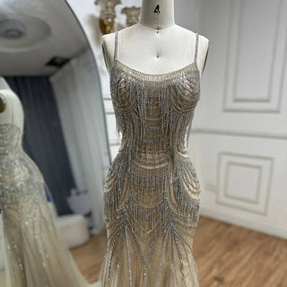 Ships in 1 to 3 Days - 2024 Silver Nude Spaghetti Strap Mermaid Evening Dress - Luxury Beaded Tassel Gown for Formal Occasions