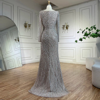 Arabic Dubai Silver Gray Mermaid Evening Dress - 2025 Luxury Beaded Gown with Detachable Skirt for Women's Party