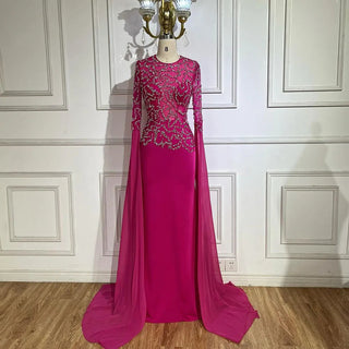 Ships in 1 to 3 Days - Arabic Fuchsia Mermaid Evening Dress with Cape Sleeves and Beaded Gloves Luxury Dubai Gowns for Women's Party 2024