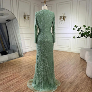 Ships in 1 to 3 Days - 2024 Muslim Sage Green Mermaid Cape Sleeves Beaded Satin Luxury Evening Dresses Gowns for Women Party