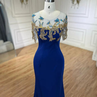 Arabic Blue Mermaid Elegant Appliques Luxury Dubai Evening Dresses Gowns 2024 For Women Wedding Party