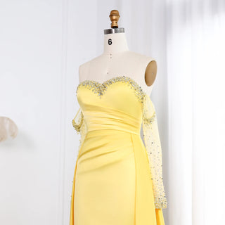 Elegant Sweetheart Yellow Satin Evening Dress - Beaded Pearls Gown with Gloves for Arabic Women’s Wedding Parties