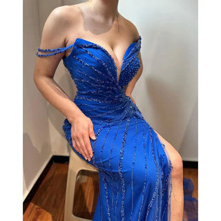 Blue Mermaid Split Evening Gown 2024 - Elegant Luxury Beaded Dress for Women's Party