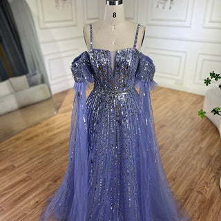 2024 Arabic Blue A-Line Elegant Beaded Luxury Evening Gowns for Women with Detachable Cape Sleeves | Party