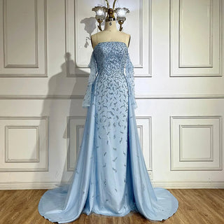 Ships in 1 to 3 Days - 2024 Arabic Strapless Blue Beaded Evening Gown with Pearls and Side Skirt - Luxury Dubai Dress for Women's Parties