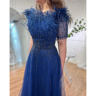 Blue Serenity: 2024 Boat Neck Luxury Evening Gown - Short Sleeves Beaded Feather A-Line Dress for Women's Party